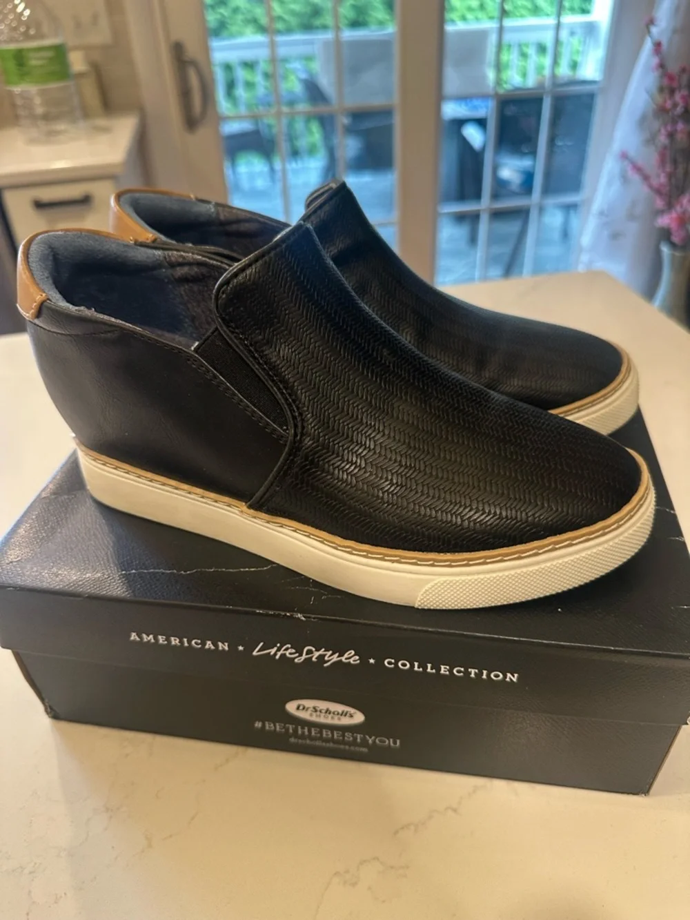 Dr. Scholl's Black Slip-On Wedge Sneakers with Tan Heel Tab - Picture 3 of 4